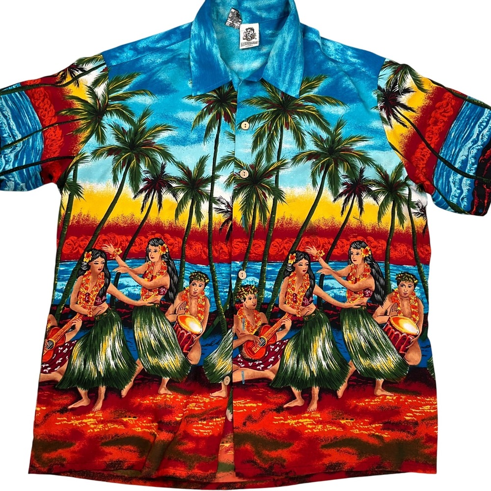 Kennington Shirt Men XLarge Blue Multi Hawaiian Tropical Palm Hula Dancer Aloha